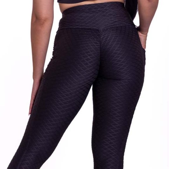 High-Waisted Bubble Yoga Athletic Hip Pockets Black Leggings - Picture 4 of 5